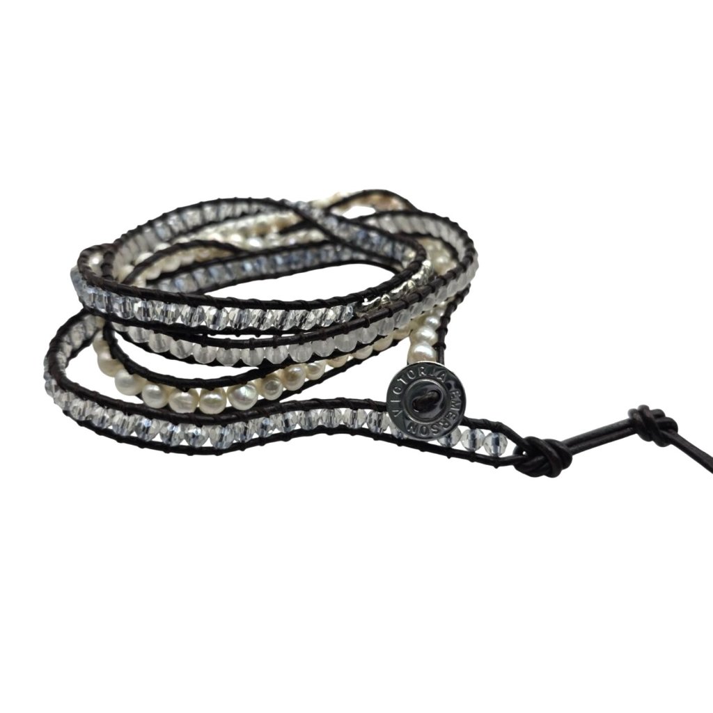 Victoria Emerson Wrap Bracelet Faux Pearls Clear Beads Leather Cord Boho Jewelry